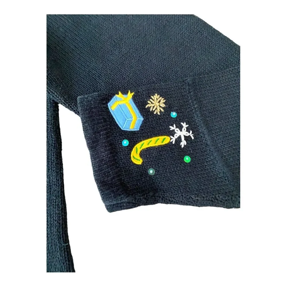 Keren Hart Vintage Embroidered‎ Christmas Zip Up Black Cardigan, Size Large
